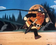 Als Snoppe in Verhandlungen mit den Wikingern nicht weiterkommt, nimmt er Halvar kurzerhand mit dem Lasso gefangen.