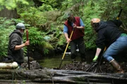 Dave Palmer, Jiggy Nichols and Veronica Arrants rebuild a dam in their community.