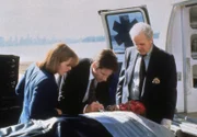 Dana Scully (Gilian Anderson, l.); Fox Mulder (David Duchovny, M.); Detective Alan Cross (James Handy, r.)