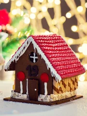 Closeup of beautiful gingerbread house at home