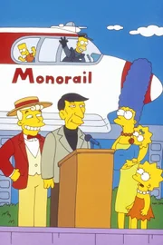 Die Einschienenbahn wird von Mr. Lanley (l.) und Leonard Nimoy (2.v.l.) eingeweiht. Marge (3.v.r.), Lisa (r.), Bart (oben l.) und Maggie (2.v.r.) sind mächtig stolz auf Homer, der den Job als Zugführer angenommen hat.