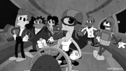 Aliens, die nur durch Tanz kommunizieren, bedrohen die Erde. Verzweifelt versuchen Fry (l.), Hermes (2.v.l.), Amy (3.v.l.), Leela (3.v.r.), Zoidberg (2.v.r.) und Bender (r.) ...