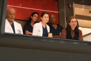 Zuschauer auf der Galerie: (vorne) James Pickens Jr. als Dr. Richard Webber (l.), Ellen Pompeo als Dr. Meredith Grey (M.), E.R. Fightmaster als Dr. Kai Bartley (r.)