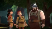 Leo, Lollo und Forscher Vanoccio grübeln darüber, warum jemand zwei Seiten des berühmten Buches der 'Reisen des Marco Polo' mit Absicht zusammengeklebt haben könnte.