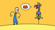 TOM trifft Papas Papagei und fragt ihn nach einem Erdbeermarmeladebrot mit Honig.