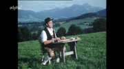 Zitherspieler im bayerischen Alpenland vor Bergpanorama.