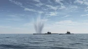 Explosion in der Nähe eines deutschen U-Boots durch eine amerikanische Avenger-Bombe in einem computergenerierten Bild.   (Pazifikflotte II Productions Inc.)