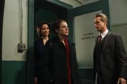LAW & ORDER -- "Boy on Fire" Episode 2014 -- Pictured: (l-r) Alana De La Garza as A.D.A. Connie Rubirosa, Debra Winger as Martha Woodside,   Linus  Roache as Executive A.D.A. Michael Cutter -- NBC Photo: Will Hart