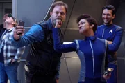 "Magic to Make the Sanest Man Go Mad" -- Episode 107 -- Pictured (l-r): Rainn Wilson as Harry Mudd:Sonequa Martin-Green as First Officer Michael Burnham: Shazad Latif as Lieutenant Ash Tyler of the CBS All Access series STAR TREK: DISCOVERY.