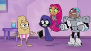 Raven (2.v.l.), Starfire (2.v.r.), Cyborg (r.)