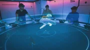 Eric Stackpole, Kerri Seger und Mithriel Mackay analysieren im Hololab die Orca-Tag-Aufnahmen von dem Raubüberfall, um ihre Jagdstrategie zu verstehen. (National Geographic)