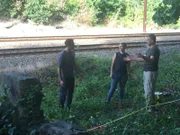 Rob, along with geophysicists Tim and Marian, conduct an Electrical Resistivity Tomography test at Duffy's Cut.
