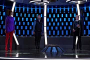 "Magic to Make the Sanest Man Go Mad" -- Episode 107 -- Pictured (l-r): Katherine Barrell as Stella; Rainn Wilson as Harry Mudd; Peter MacNeill as The Barron Grimes; of the CBS All Access series STAR TREK: DISCOVERY.