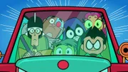 v.li.: Doctor Light, Cyborg, Beast Boy, Raven, Robin, Starfire