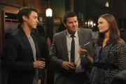 BONES: Booth (David Boreanaz, C), Brennan (Emily Deschanel, R) and Sweets (John Francis Daley, C) celebrate solving their case in the 'El Carnicero en el Coche' episode of BONES airing Monday, Sept. 23 (8:00-9:00 PM ET/PT) on FOX.