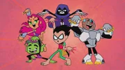 v.li.: Beast Boy, Starfire, Robin, Raven, Cyborg