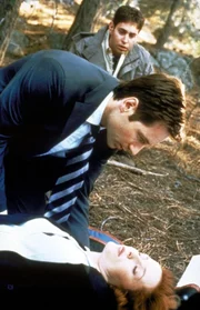 Mulder (David Duchovny, M.) und Richie (Judd Trichter) kümmern sich um die ohnmächtig gewordene Scully (Gillian Anderson, vorne).