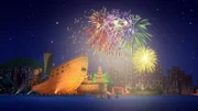 Timmy, Bess, Skid und Scout bestaunen ein Feuerwerk, das anlässlich der Eröffnung des neuen chinesischen Meeresmuseums in die Luft geschossen wird.