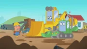 Der Bauleiter möchte von den beiden Baggern wissen, wer die Baustelle aufgeräumt hat.