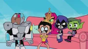 v.li.: Cyborg, Robin, Starfire, Raven, Beast Boy