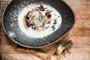 Und auch ohne Fleisch sind die Komponenten des fränkischen Hochzeitsessens ein Hochgenuss: Vorni kredenzt frische Nudeln, gefüllt mit einem Soffritto aus Sellerie, Lauch, Karotten und Zwiebeln und Käse, serviert auf Krenschaum und mit Preiselbeeren.