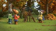 Zac präsentiert Pip und Posy seine selbst gebaute "Höhle".
