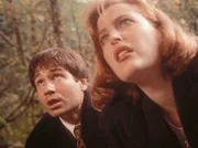 Mulder (David Duchovny, l.) und Scully (Gillian Anderson, r.) können gerade noch verhindern, dass der Entführer sein Opfer im Fluss ertränkt.