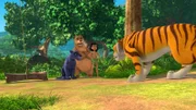 Shir Khans Plan den Menschenjungen zu fressen, ist mal wieder nicht geglückt. Balu und Baghira freuen sich, dass Mogli dank einer Falle, die seine beiden neuen Gehilfen gebaut hatten, den Tiger reinlegen konnte.