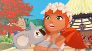 Marina hat sich geschm&uuml;ckt f&uuml;r das gro&szlig;e Fest "Heiva", das heute auf der Insel Maotou stattfindet. Mit ihrem Koala Raoul auf dem Arm wartet sie darauf, dass Yann zum Fest kommt.