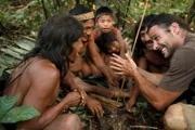 Location: Bameno, Ecuador: Presenter Hazen Audel making a fire with the Huaorani tribe in the jungle.