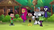 v.li.: Robin, Starfire, Bumblebee, Cyborg, Beast Boy, Raven