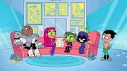 v.li.: Cyborg, Starfire, Beast Boy, Raven, Robin