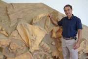 Grégory Bayle steht vor einem Exponat im Institut National de Recherches Archéologiques in Paris. Es wurde in der Folge "Die Geheimnisse des Wollmammuts" von "Lost Beasts Unearthed" gezeigt.