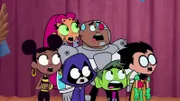 v.li.: Bumblebee, Starfire, Raven, Cyborg, Beast Boy, Robin