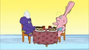 Hase und Elefant lieben Kuchen mit Sahne.