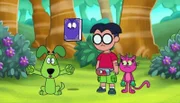 v.li.: Beast Boy, Raven, Robin, Cyborg, Starfire