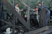 BONES: (L-R) Booth (David Boreanaz), Brennan (Emily Deschanel), Angela (Michaela Conlin) and Hodgins (TJ Thyne) examine crime-scene remains in the BONES episode "The Witch in the Wardrobe" airing Thursday, May 6 (8:00-9:00 PM ET/PT) on FOX.