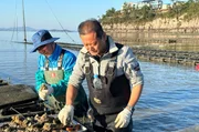 Seit 2019 züchtet der Landrat Shin Sang-Soo (r.) auf der Insel Sinan Austern.