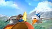 Nachdem die Fernbedienung zerbrochen ist, versucht Handy das Flugzeug mit Clumsy auf einem Storch zu erreichen.