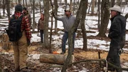 Matt Raney (backpack), Herbie Junior Russell, Florence Russell, Herb Senior Russell and Marty Raney in the forest , Marty sets the Russell a Wood Challenge near the Russell Family Homestead in Bedford, Pennsylvania.