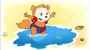 Bobo spielt mit einem Krebs am Strand und planscht mit Mama in den Wellen.