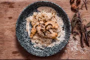Vronis Krapfen: kleine frittierte Teigtaschen mit zweierlei Füllung: einmal mit Fisch und als vegetarische Variante mit einer Kräuterfüllung, angerichtet auf einem sahnigen Fenchelgemüse.