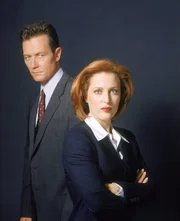 (8. Staffel) - Die Wahrheit ist irgendwo da draußen: FBI-Agentin Dana Scully (Gillian Anderson, r.) und FBI-Agent John Doggett (Robert Patrick, l.) machen sich auf die Suche.