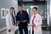 Gemeinsam mit seinen Kollegen Dr. Alexander Kahnweiler (Mark Keller, l.) und Dr. Vera Fendrich (Rebecca Immanuel, r.) berät Dr. Martin Gruber (Hans Sigl, M.), wie er bei seinem Patienten weiter vorgehen soll.