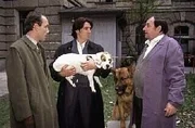 Kommissar Moser (Tobias Moretti, M.) und Assistent Stockinger (Karl Markovics, l.) haben den verschwundenen Beagle aufgespürt. Sie übernehmen ihn von Pfleger Rolf (Manfred Schmid, r.).