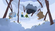 Chris (li.) Versuch auf einer Schneeflocke zu reiten geht schief und eine Verkettung unglücklicher Umstände führt dazu, dass Martin und Chris sich schließlich auf der Erde, unterhalb der Schneedecke wiederfinden. Glücklicherweise erhalten die beiden Hilfe von einer freundlichen Maus.