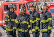 9-1-1: L-R: Oliver Stark, Aisha Hinds, Peter Krause and Ryan Guzman in the “Past is Prologue” episode of 9-1-1 airing Monday, Nov. 22 (8:00-9:00 PM ET/PT) on FOX.