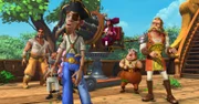 Die Piraten sind verblüfft, weil Peter Pan mutig auf sie zugeflogen kommt. Captain Hook will Peter abschießen, doch er weiß nicht, dass die Kinder ihm einen Streich gespielt und das Kanonenkatapult manipuliert haben.