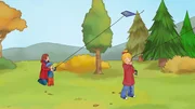 Conni, Mama und Jakob lassen ihre Drachen hoch in die Luft steigen.