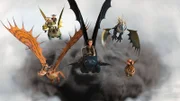 (V.li.) Rotzbakke und sein Drache Hakenzahn, die Zwillinge Taffnuss und Raffnuss und ihre Drachen Kotz und Würg, Hicks und sein Drache Ohnezahn, Astrid und ihre Drachendame Sturmpfeil und Fischbein mit seinem Drachen Fleischklops erleben gemeinsam jede Menge Abenteuer.